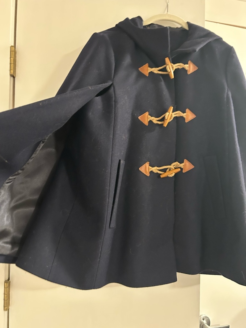 J. Crew Navy Blue cape Coat with Gold Chain Detail - Picture 2 of 4